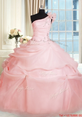 Cheap One Shoulder Pink Quinceanera Dress with Handcrafted Flower and Beading