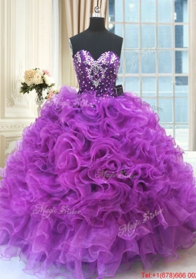 Discount Sweetheart Ruffled and Beaded Organza Quinceanera Dress in Eggplant Purple