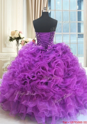 Discount Sweetheart Ruffled and Beaded Organza Quinceanera Dress in Eggplant Purple