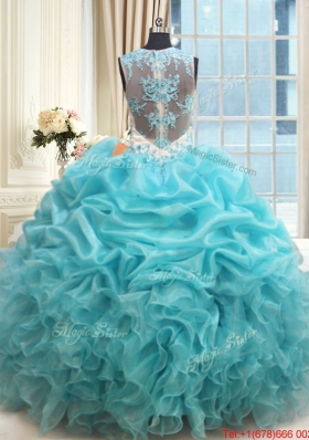 Elegant See Through Scoop Zipper Up Applique Ruffled Quinceanera Dress in Aquamarine