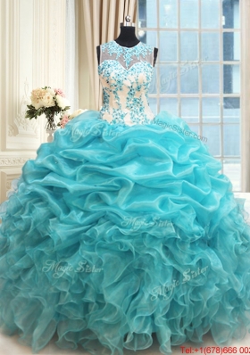 Elegant See Through Scoop Zipper Up Applique Ruffled Quinceanera Dress in Aquamarine