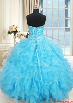 Exclusive Visible Boning Ruffled and Beaded Aqua Blue Quinceanera Dress in Organza