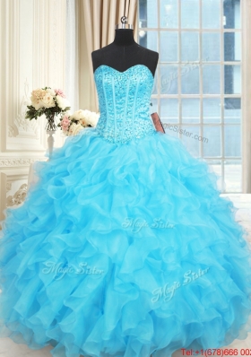 Exclusive Visible Boning Ruffled and Beaded Aqua Blue Quinceanera Dress in Organza