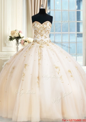 Top Seller Puffy Skirt Sweetheart Beaded Champagne Quinceanera Dress in Tulle