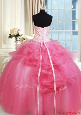 Affordable Beaded Strapless Hot Pink Quinceanera Dress with Appliques and Ruffles