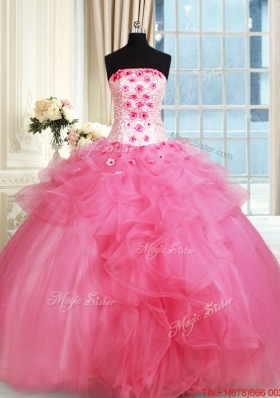 Affordable Beaded Strapless Hot Pink Quinceanera Dress with Appliques and Ruffles