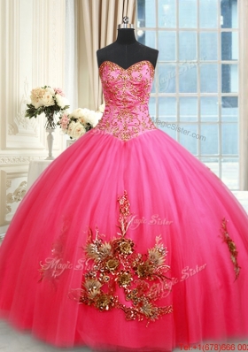 Affordable Really Puffy Hot Pink Quinceanera Dress with Appliques and Beading