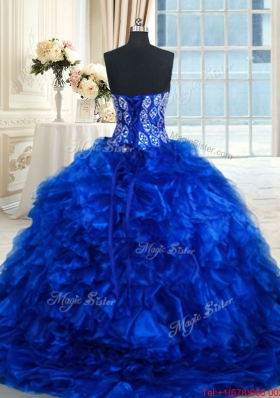 Best Selling Ruffled Beaded Bodice Royal Blue Quinceanera Dress with Brush Train