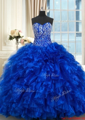 Best Selling Ruffled Beaded Bodice Royal Blue Quinceanera Dress with Brush Train