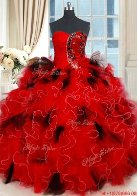 Classical Tulle Sequined and Ruffled Quinceanera Dress in Red and Black