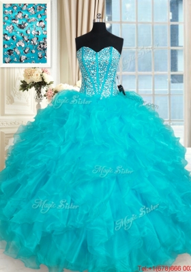 Designer Visible Boning Aqua Blue Quinceanera Dress with Ruffles and Beading