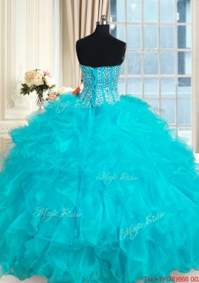 Designer Visible Boning Aqua Blue Quinceanera Dress with Ruffles and Beading