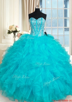 Designer Visible Boning Aqua Blue Quinceanera Dress with Ruffles and Beading