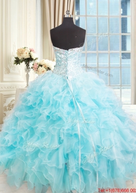 Designer Visible Boning Light Blue Quinceanera Dress with Ruffles and Beading