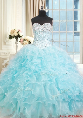 Designer Visible Boning Light Blue Quinceanera Dress with Ruffles and Beading