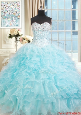 Designer Visible Boning Light Blue Quinceanera Dress with Ruffles and Beading
