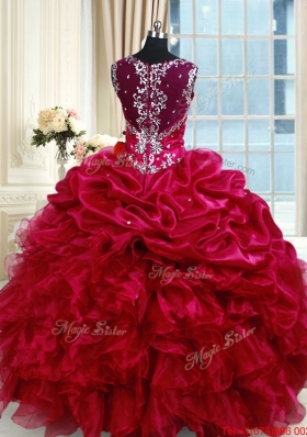 Discount See Through Back Straps Fuchsia Zipper Up Quinceanera Dress with Beading