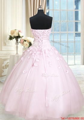 Elegant Strapless Baby Pink Tulle Quinceanera Dress with Appliques and Beading