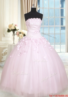 Elegant Strapless Baby Pink Tulle Quinceanera Dress with Appliques and Beading