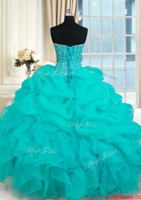 Elegant Visible Boning Beaded Bodice and Ruffled Turquoise Organza Quinceanera Gown