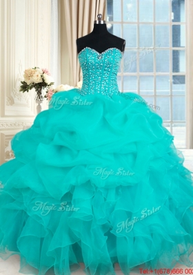 Elegant Visible Boning Beaded Bodice and Ruffled Turquoise Organza Quinceanera Gown