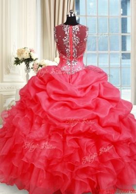 Gorgeous See Through Back Zipper Up Straps Organza Quinceanera Dress in Coral Red