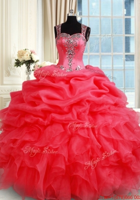 Gorgeous See Through Back Zipper Up Straps Organza Quinceanera Dress in Coral Red