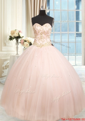 Hot Sale Big Puffy Tulle Beaded Quinceanera Dress in Baby Pink