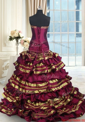 Hot Sale Bowknot Ruffled Layers Gold and Burgundy Quinceanera Dress with Brush Train