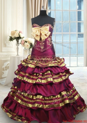 Hot Sale Bowknot Ruffled Layers Gold and Burgundy Quinceanera Dress with Brush Train