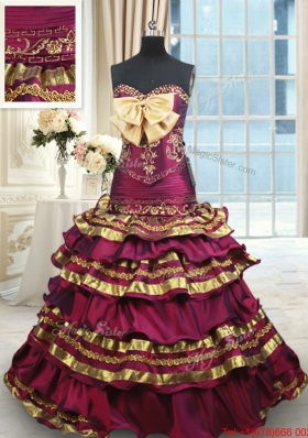 Hot Sale Bowknot Ruffled Layers Gold and Burgundy Quinceanera Dress with Brush Train
