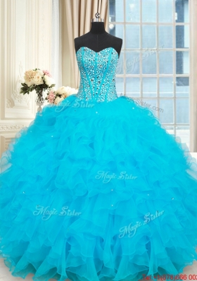 Hot Sale Visible Boning Beaded Bodice Baby Blue Quinceanera Dress with Ruffles