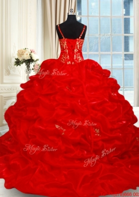 Lovely Spaghetti Straps Brush Train Red Quinceanera Dress with Ruffles and Bubbles