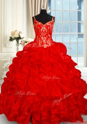 Lovely Spaghetti Straps Brush Train Red Quinceanera Dress with Ruffles and Bubbles