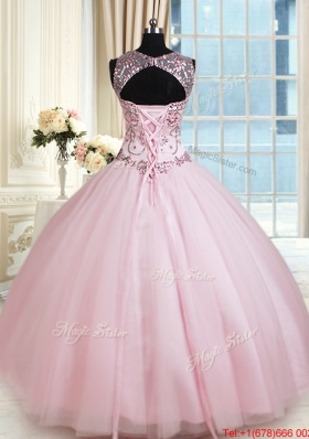 New Style See Through Scoop Tulle Baby Pink Quinceanera Dress with Beading