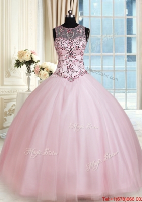 New Style See Through Scoop Tulle Baby Pink Quinceanera Dress with Beading