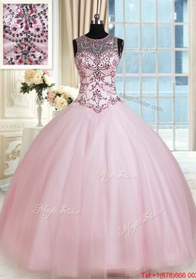 New Style See Through Scoop Tulle Baby Pink Quinceanera Dress with Beading