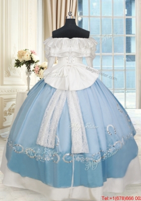 Perfect Off the Shoulder White and Light Blue Quinceanera Dress with Long Sleeves