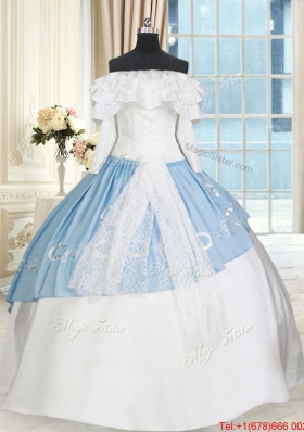 Perfect Off the Shoulder White and Light Blue Quinceanera Dress with Long Sleeves