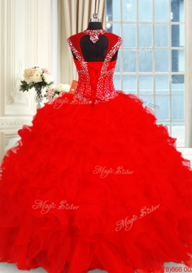 Perfect Open Back Ruffled and Beaded Red Quinceanera Dress with Cap Sleeves