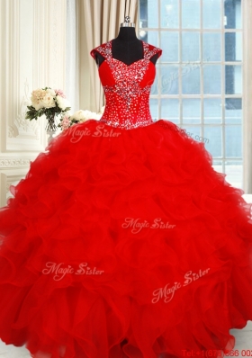 Perfect Open Back Ruffled and Beaded Red Quinceanera Dress with Cap Sleeves