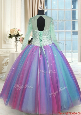 Perfect See Through Scoop Long Sleeves Rainbow Colored Quinceanera Dress in Tulle