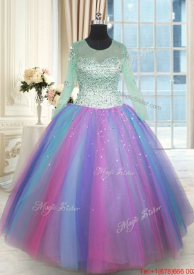 Perfect See Through Scoop Long Sleeves Rainbow Colored Quinceanera Dress in Tulle