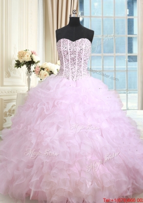 Perfect Visible Boning Ruffled and Beaded Bodice Lilac Quinceanera Dress in Organza