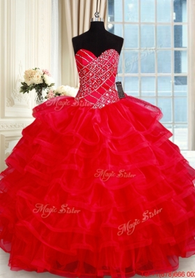 Popular Big Puffy Red Quinceanera Dress with Ruffled Layers and Beading