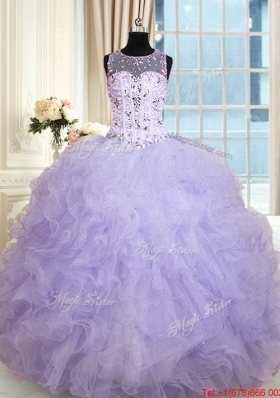 Popular See Through Scoop Ruffled and Beaded Quinceanera Dress in Lavender