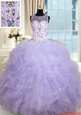 Popular See Through Scoop Ruffled and Beaded Quinceanera Dress in Lavender