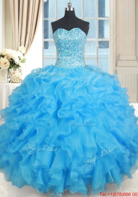 Popular Visible Boning Organza Baby Blue Quinceanera Dress with Ruffles and Beading