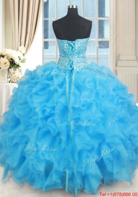 Popular Visible Boning Organza Baby Blue Quinceanera Dress with Ruffles and Beading