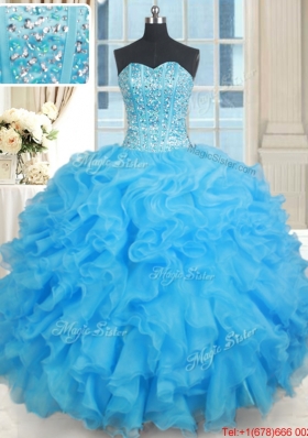 Popular Visible Boning Organza Baby Blue Quinceanera Dress with Ruffles and Beading